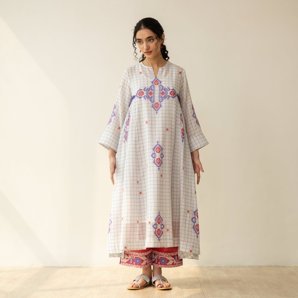 Mogra Kota Doria Kurta Set - Milky White & Tomato Red