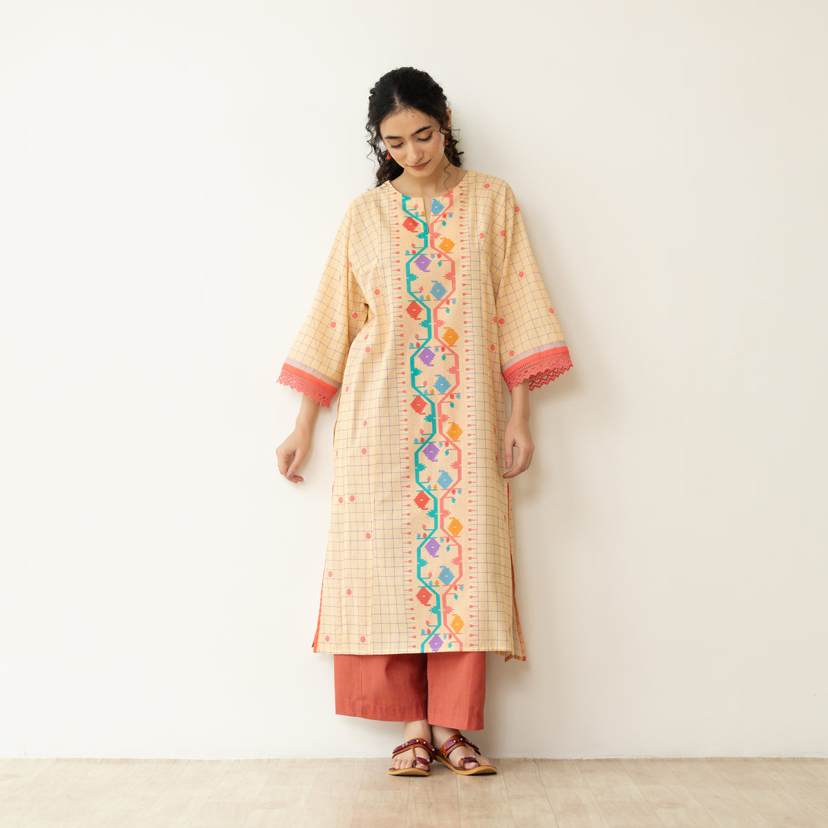 Sitara Front Panelled Mulmul Kurta - Mango Yellow