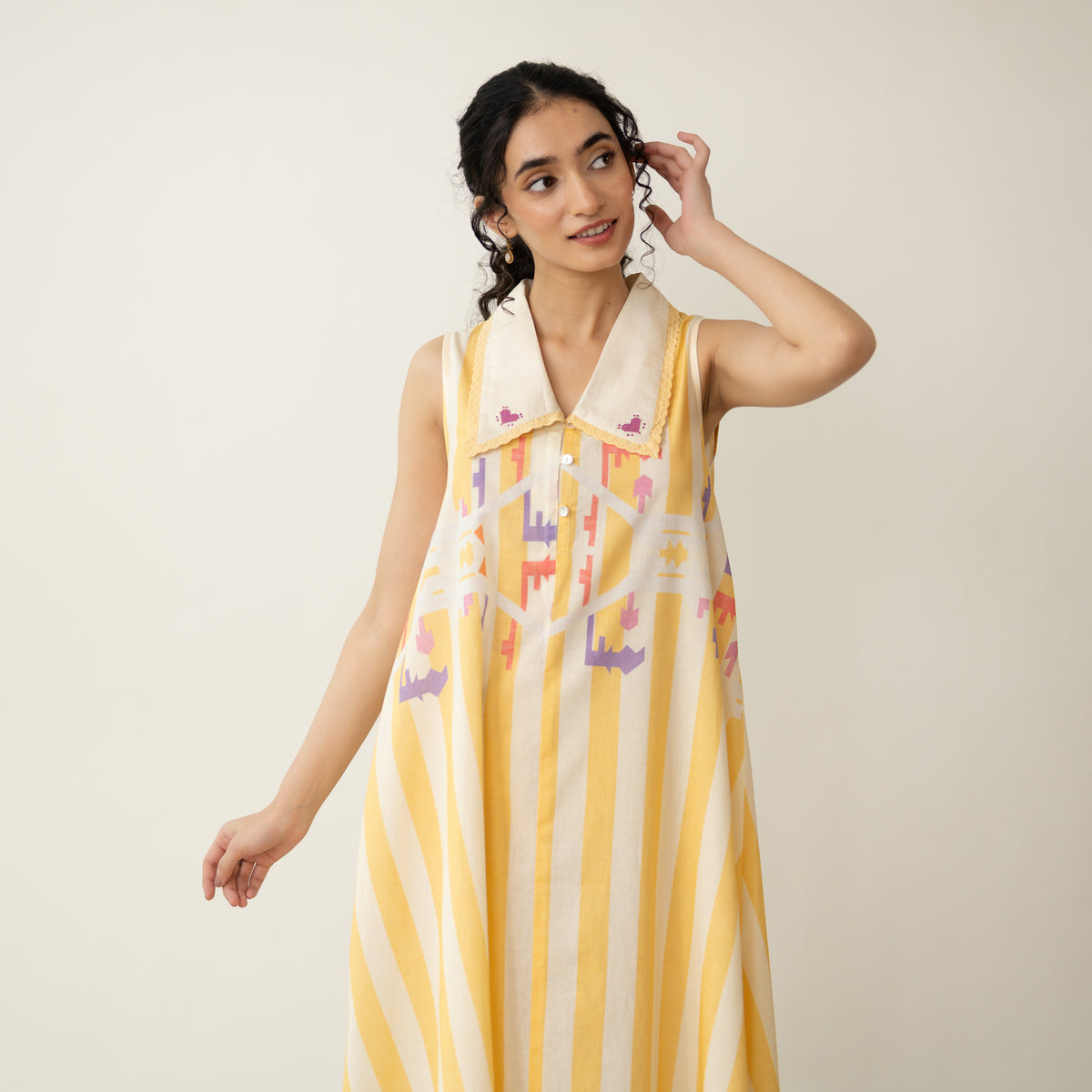 Poppy Striped Mulmul Dress - Mango Yellow