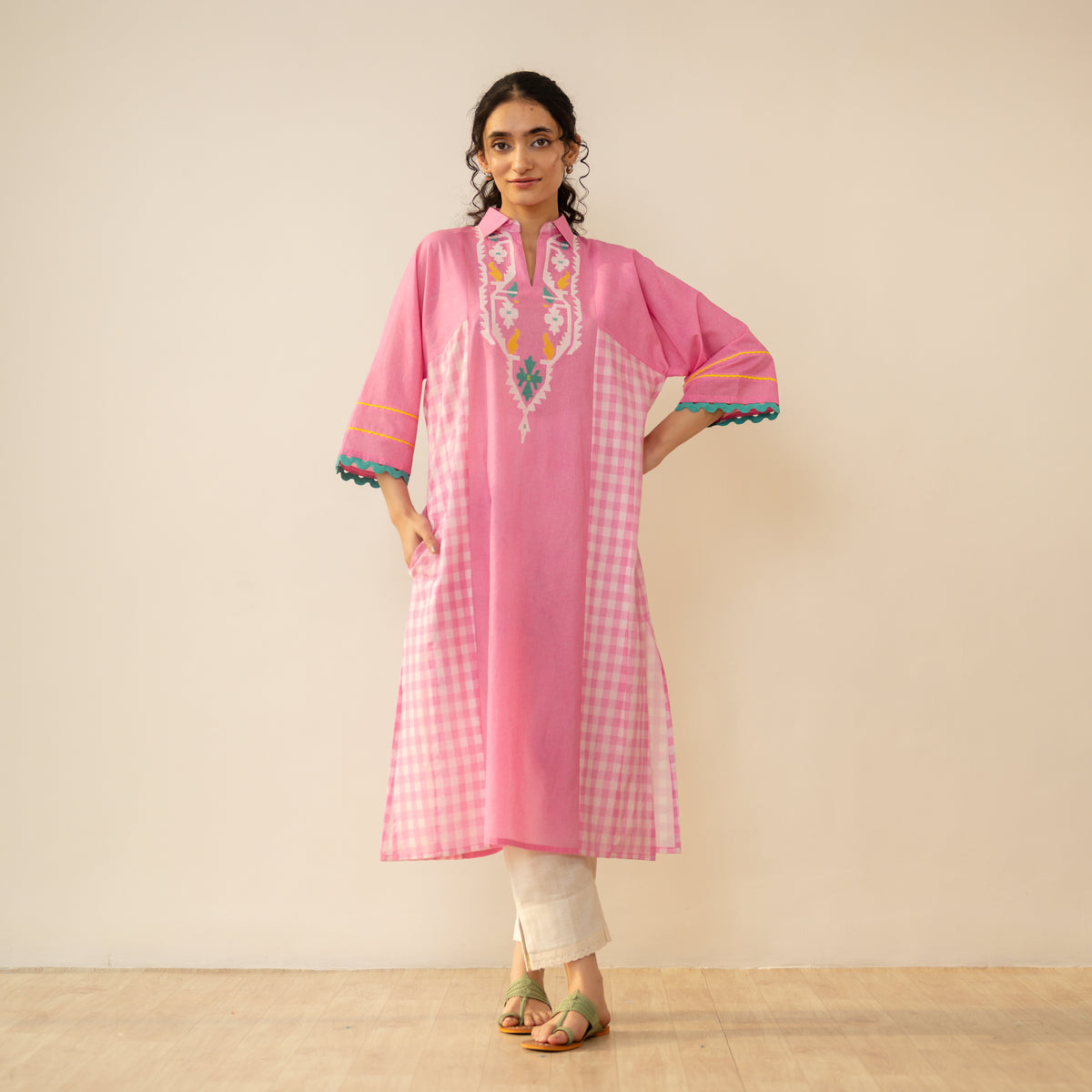 Aabha Embroidered Cotton Slub Kurta - Candy Pink