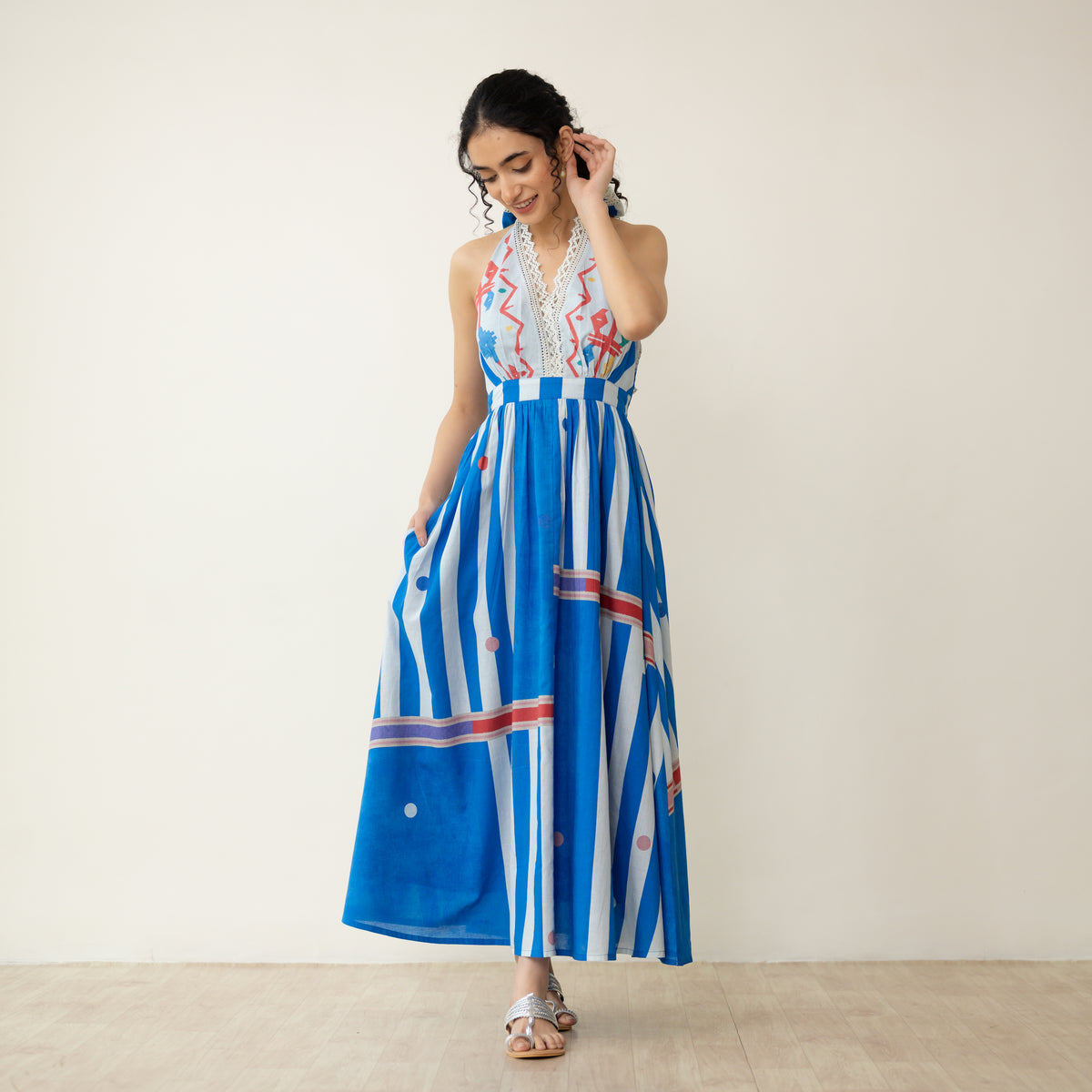 Blueberry Tart Halter Tie Mulmul Lace Dress - Blue