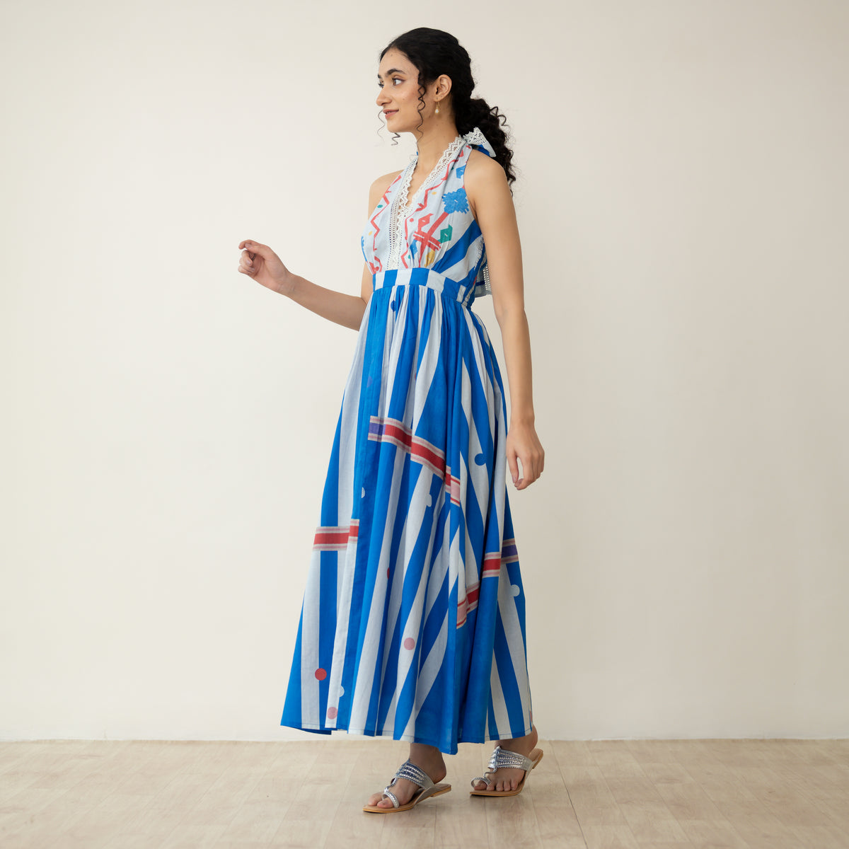 Blueberry Tart Halter Tie Mulmul Lace Dress - Blue