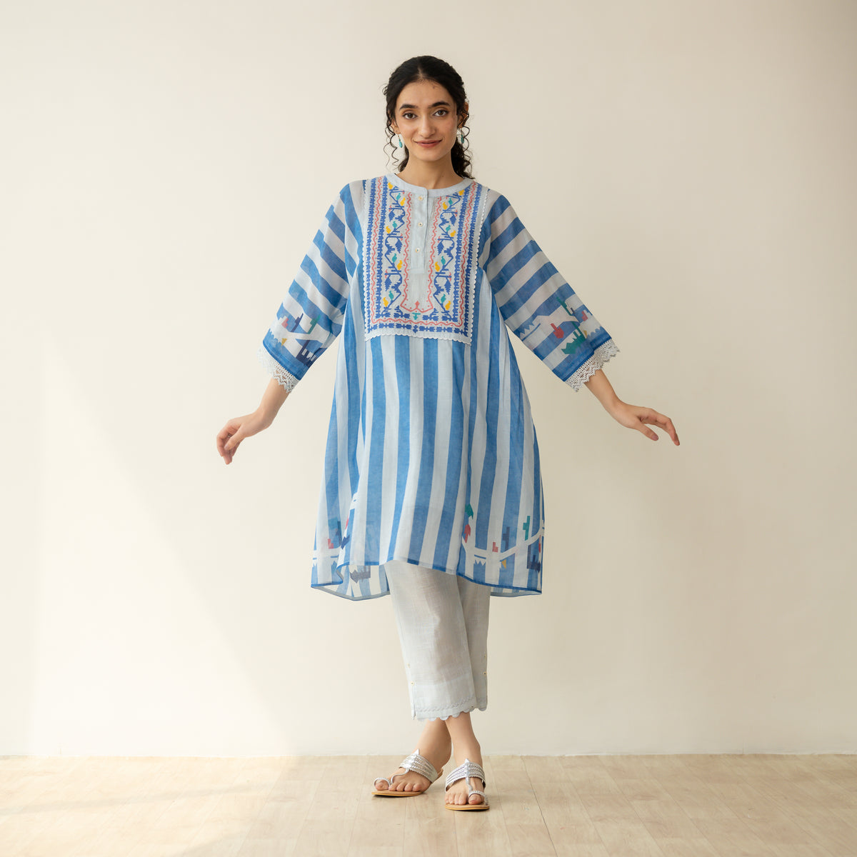Pretty Flare Chanderi Embroidered Coord Set - Asmani Blue