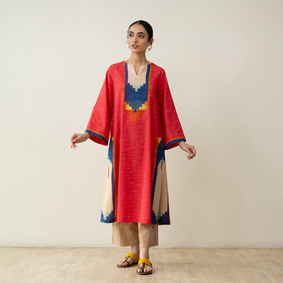Prism Statement Cotton Slub Kurta - Tomato Red