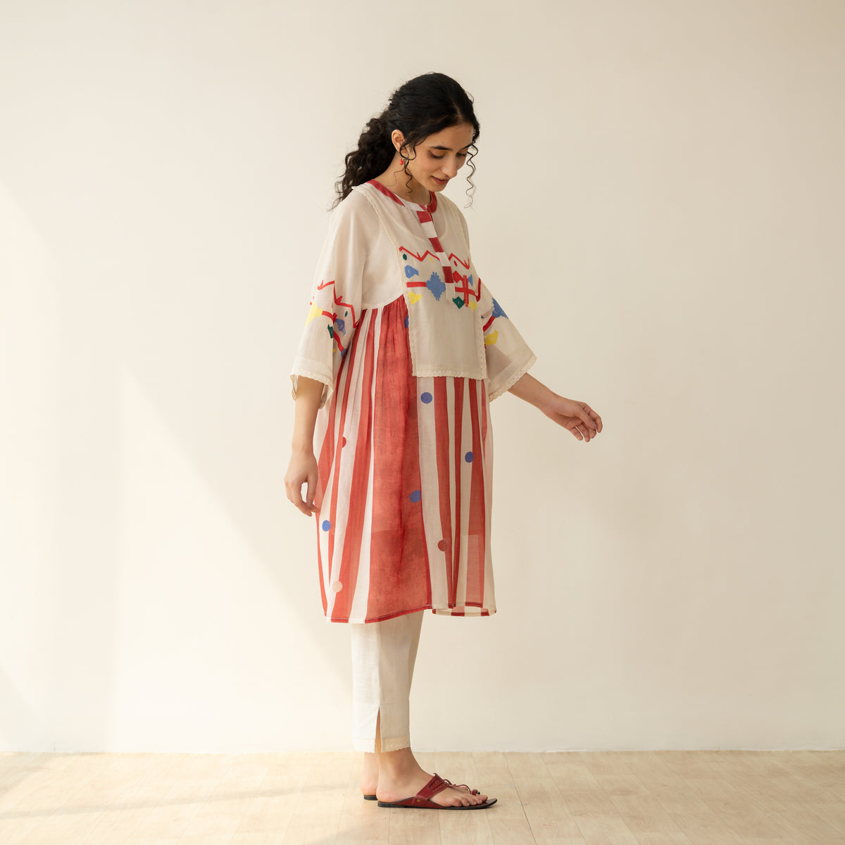 Rumi Embroidered Chanderi Coord Set - Tomato Red