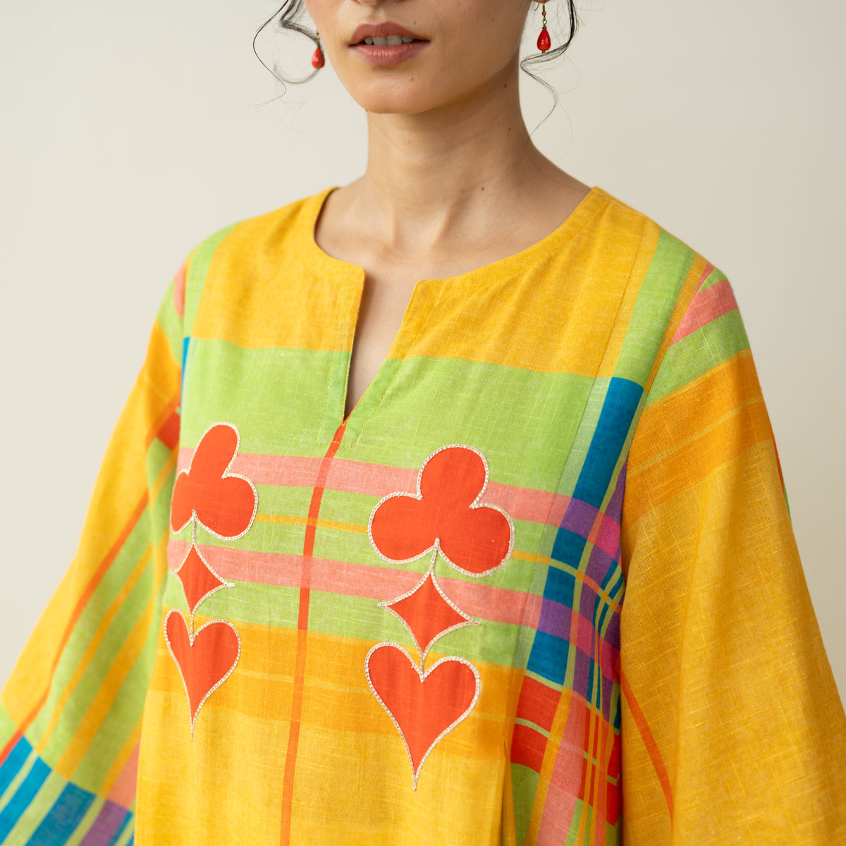 Ambi Patchwork Cotton Slub Kurta - Yellow & Red