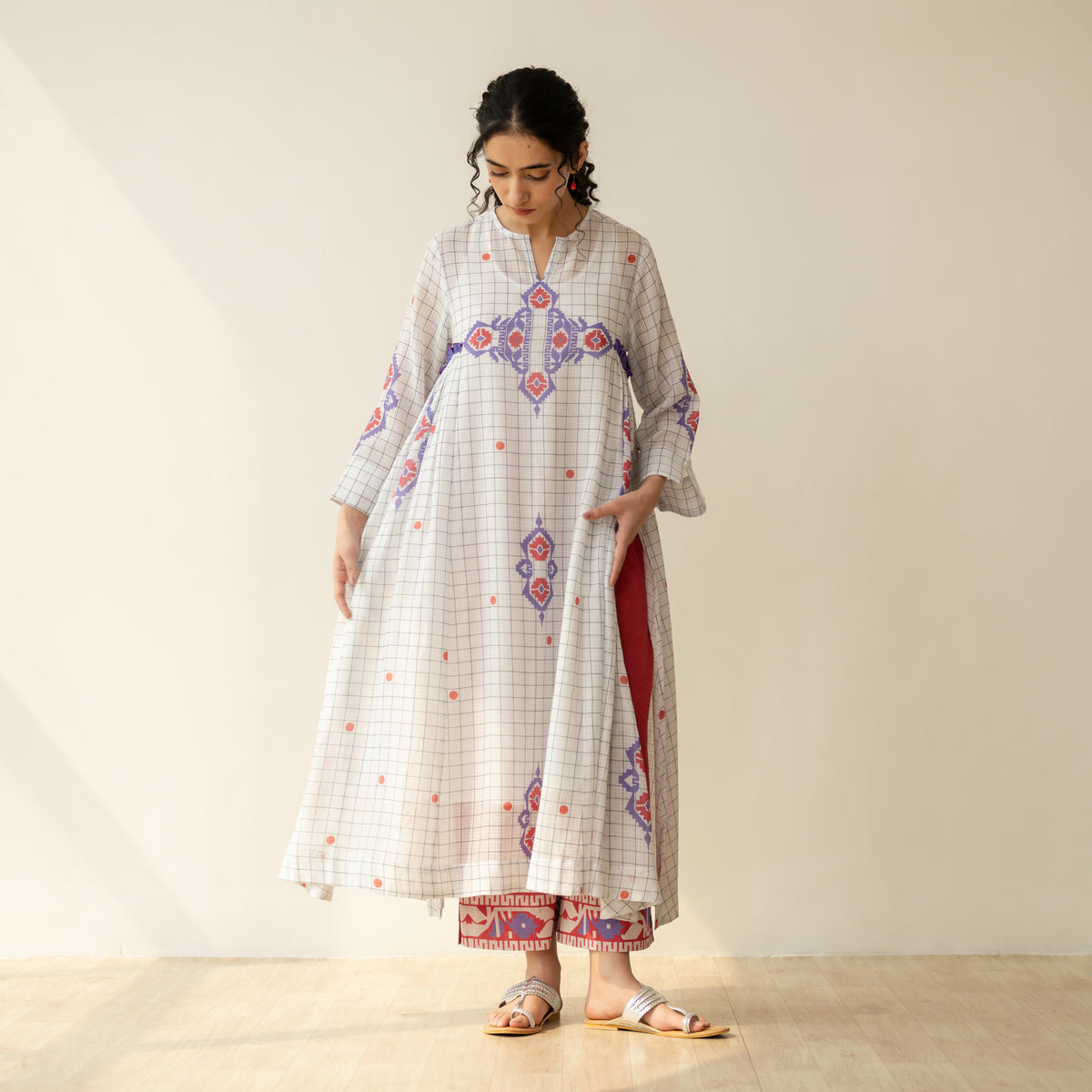 Mogra Kota Doria Kurta Set - Milky White & Tomato Red