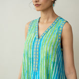 Viva Embroidered Midi Cotton Slub Dress - Ocean Blue & Parrot Green