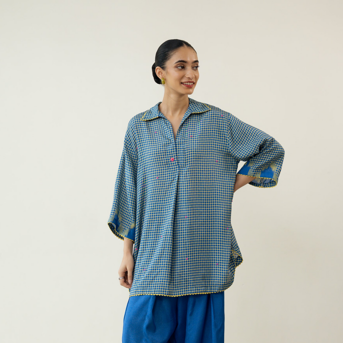 Bon Bon Hand Embroidered Elevated Shantoon Tunic - Electric Blue & Lime