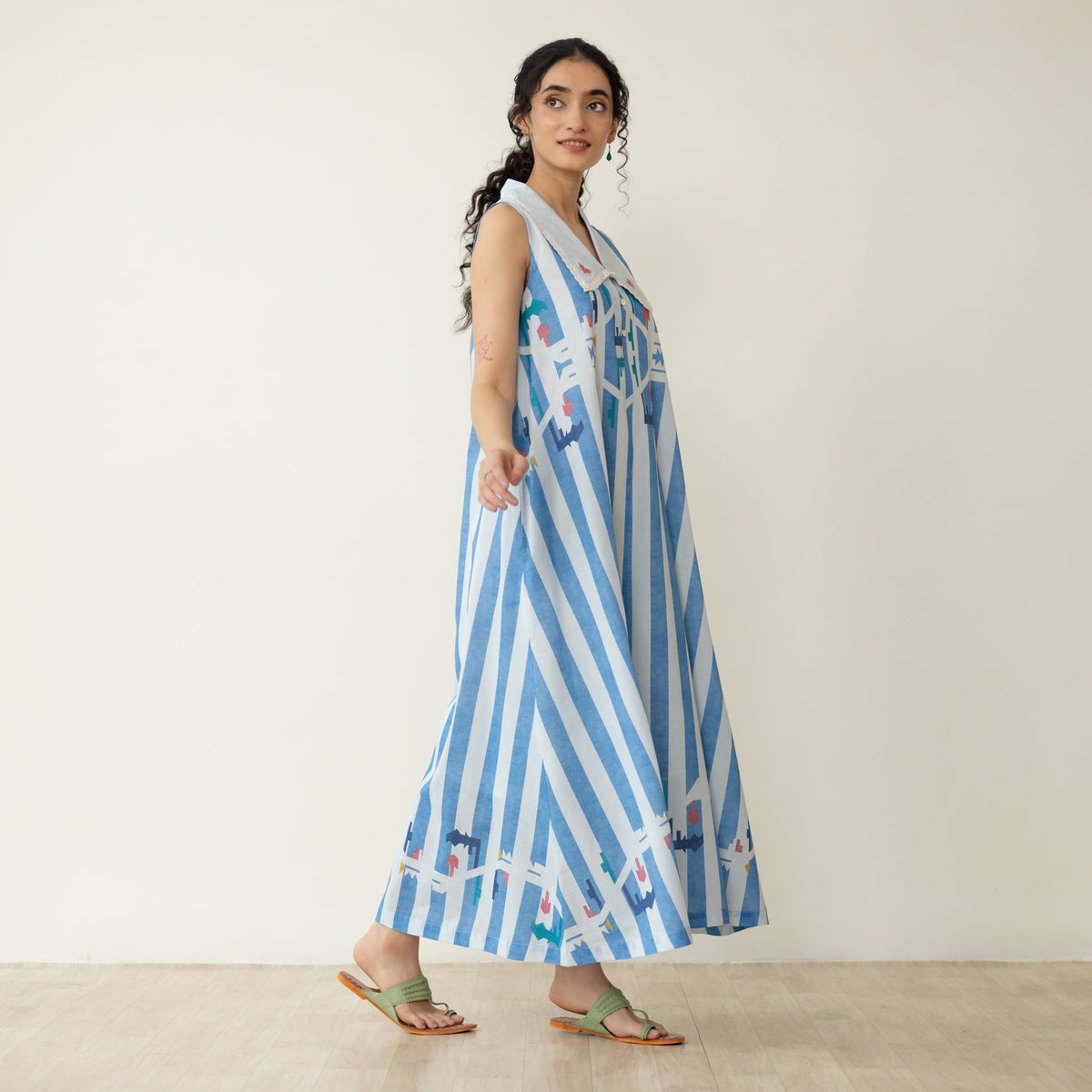 Poppy Striped Mulmul Dress - Asmani Blue