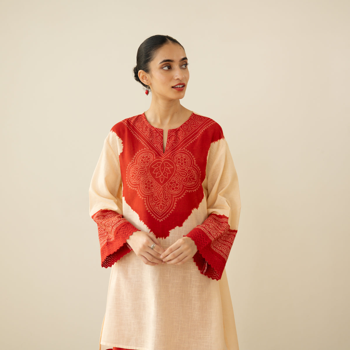 Nakhra Elevated Cotton Slub Coord Set - Beige & Red