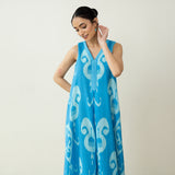 Peppy Paisley Midi Cotton Slub Dress - Ocean Blue