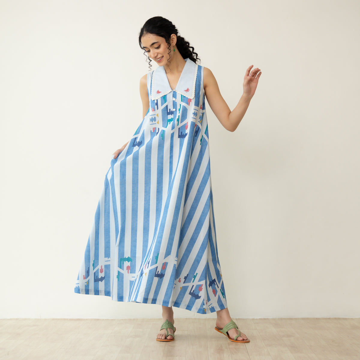 Poppy Striped Mulmul Dress - Asmani Blue