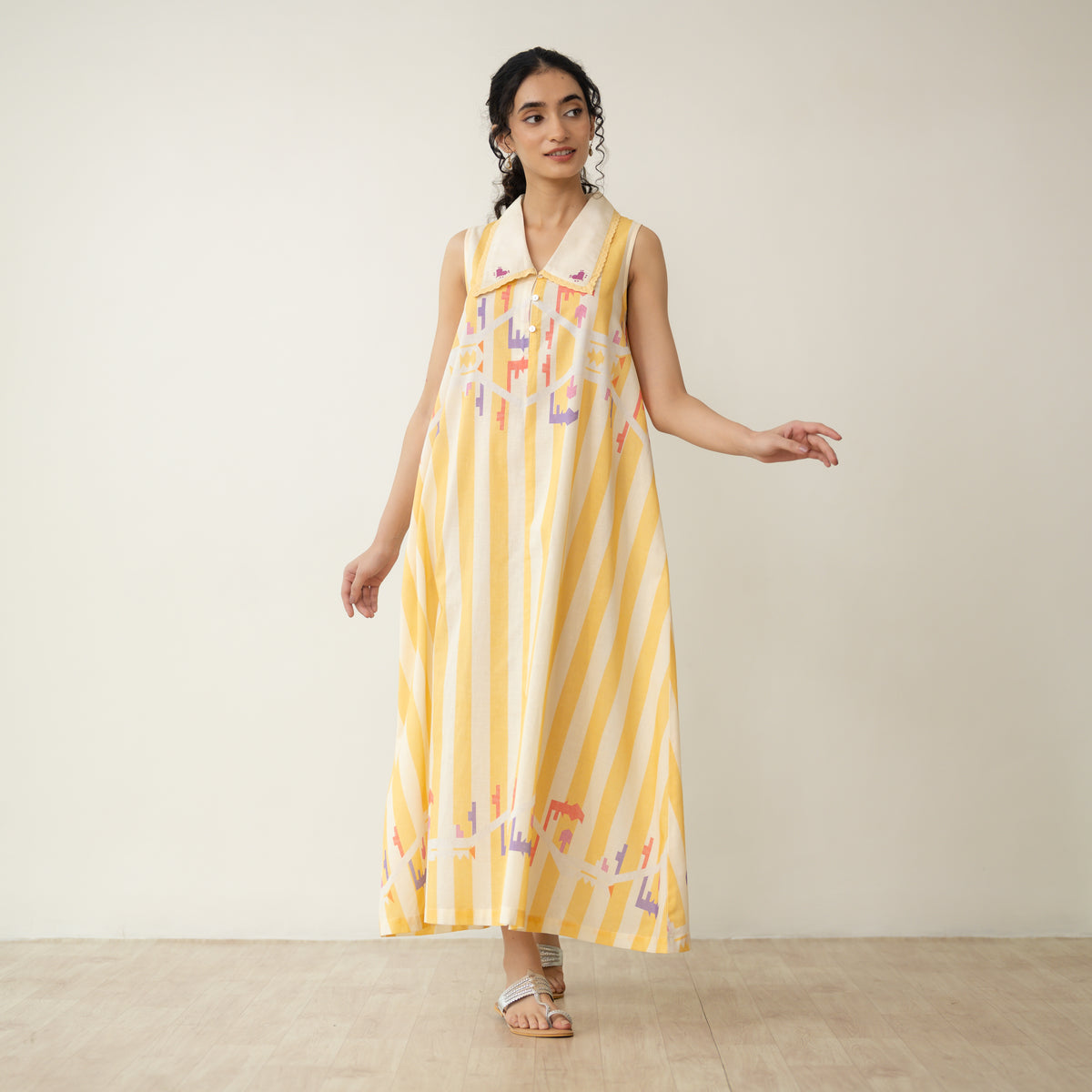 Poppy Striped Mulmul Dress - Mango Yellow