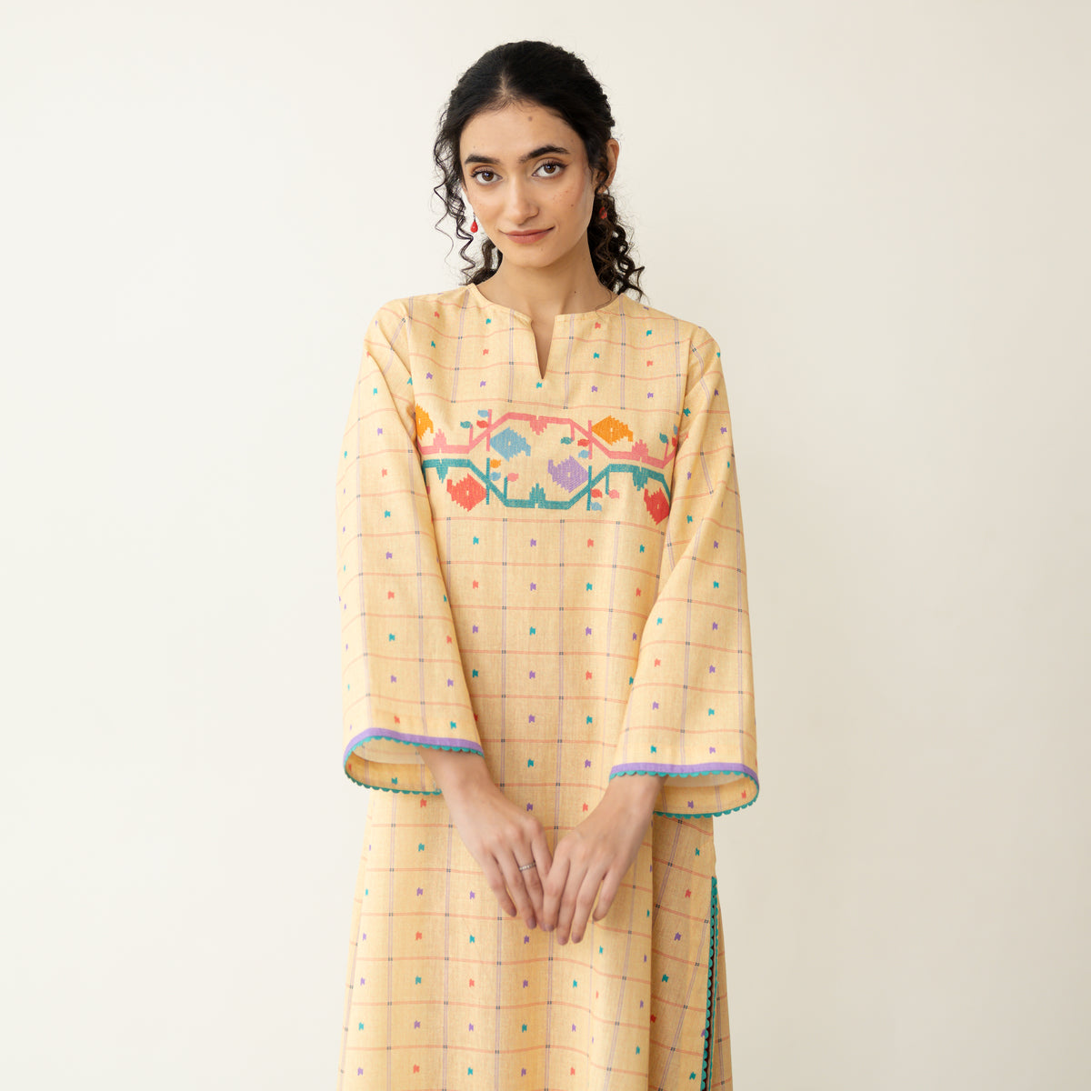 Doodle Embroidered Cotton Kurta - Mango Yellow