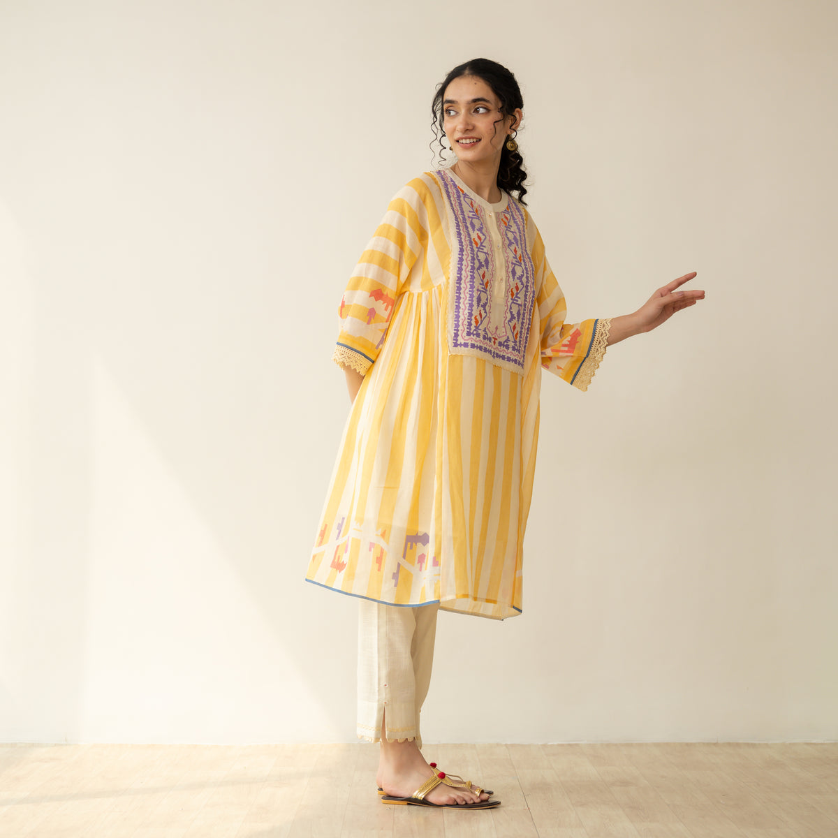 Pretty Flare Chanderi Embroidered Coord Set - Sunshine Yellow