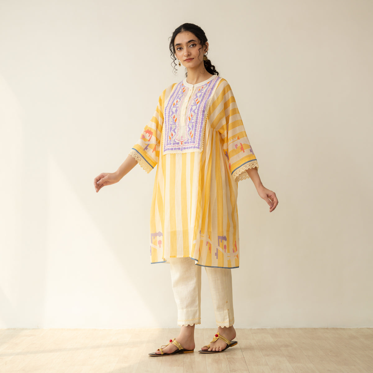 Pretty Flare Chanderi Embroidered Coord Set - Sunshine Yellow