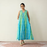 Viva Embroidered Midi Cotton Slub Dress - Ocean Blue & Parrot Green