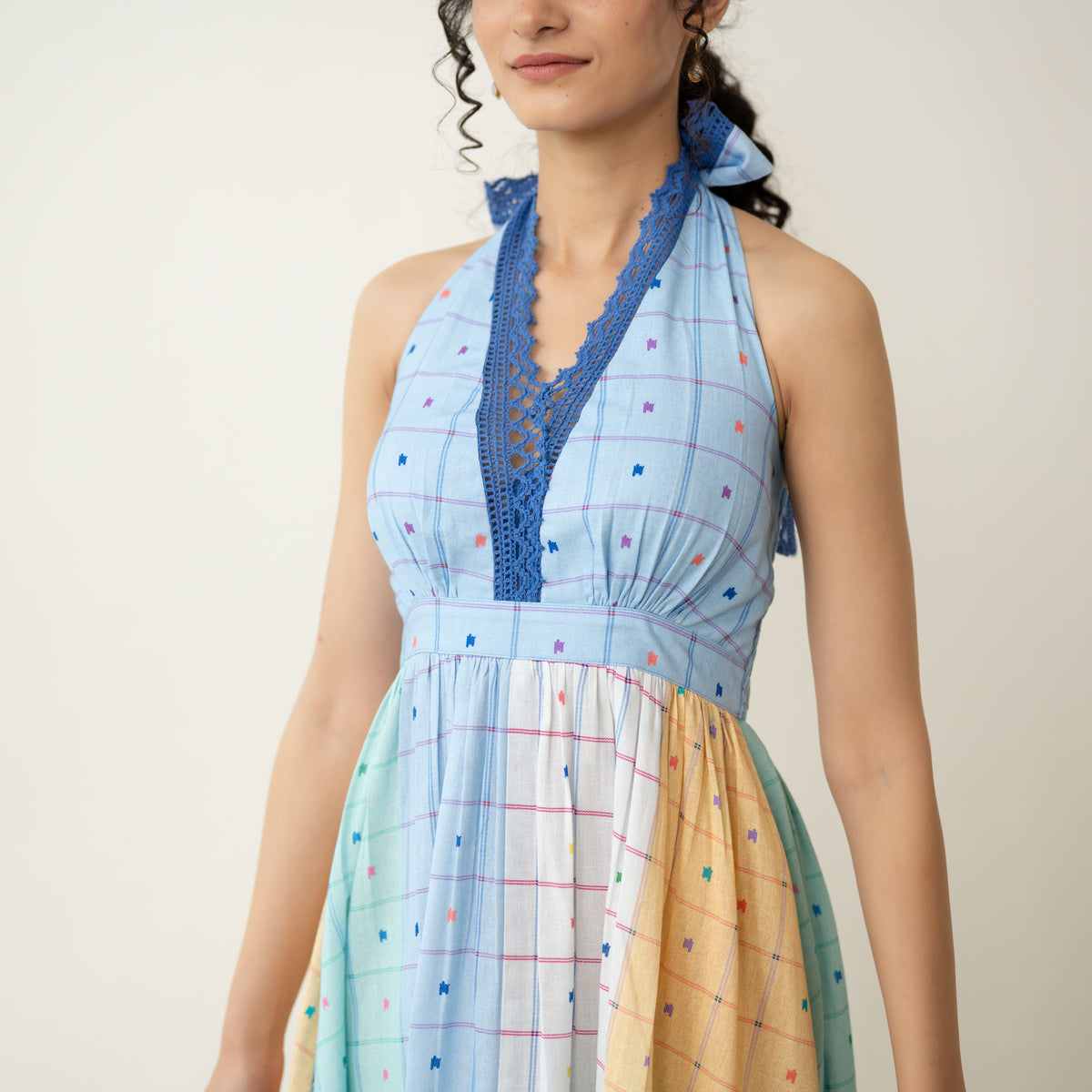 Rainbow Sundae Halter Tie Cotton Lace Dress - Multicolour