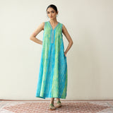 Viva Embroidered Midi Cotton Slub Dress - Ocean Blue & Parrot Green
