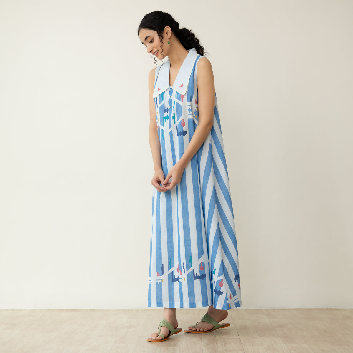 Poppy Striped Mulmul Dress - Asmani Blue