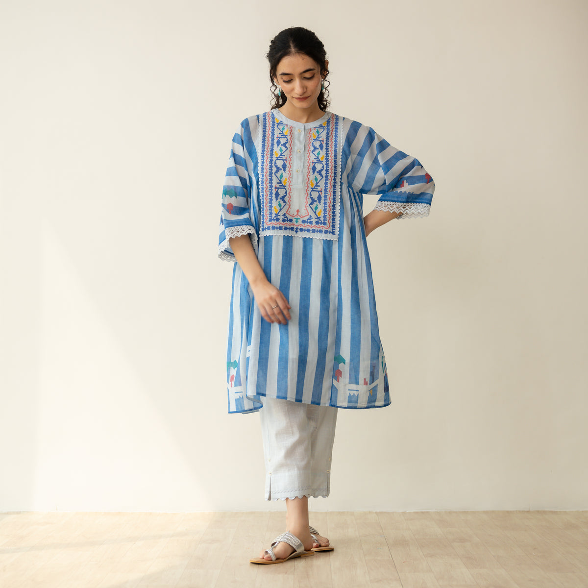 Pretty Flare Chanderi Embroidered Coord Set - Asmani Blue