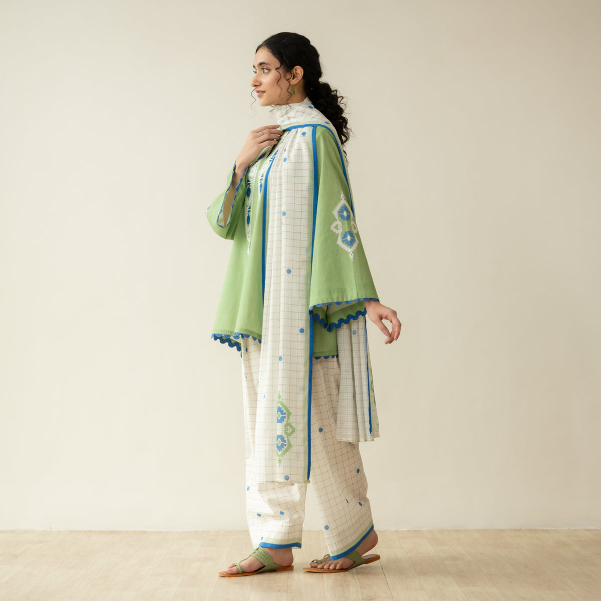 Dot & Dash Mulmul Farshi Set - Matcha Green