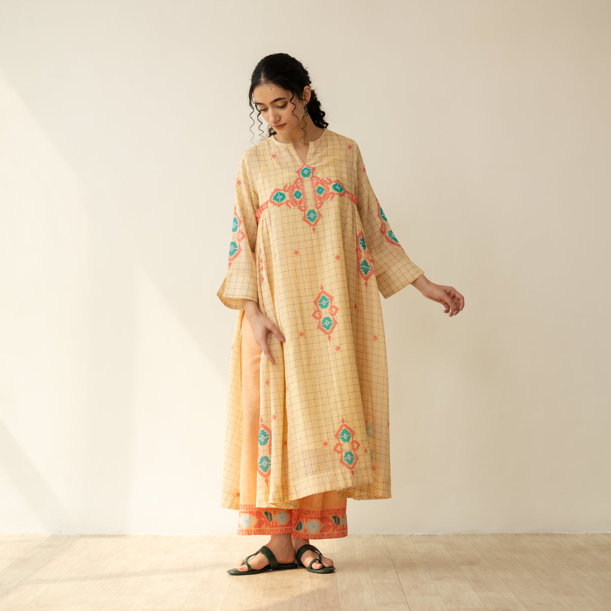 Mogra Kota Doria Kurta Set - Apricot Yellow
