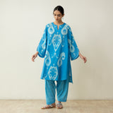 Peppy Paisley Asymmetric Cotton Slub Salwar Set - Ocean Blue