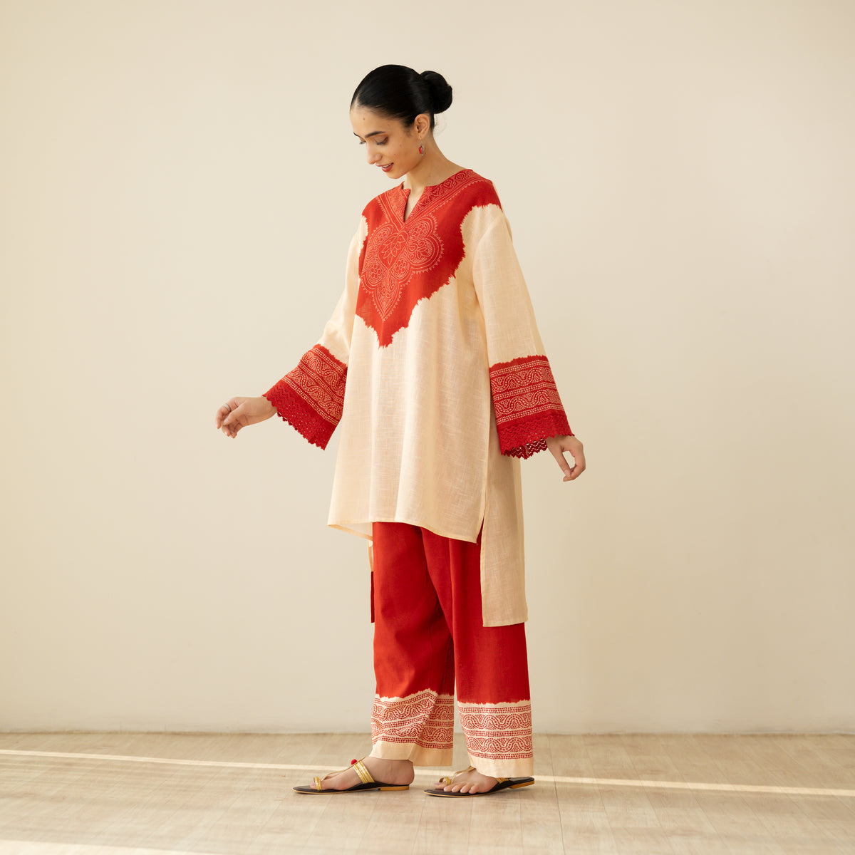 Nakhra Elevated Cotton Slub Coord Set - Beige & Red