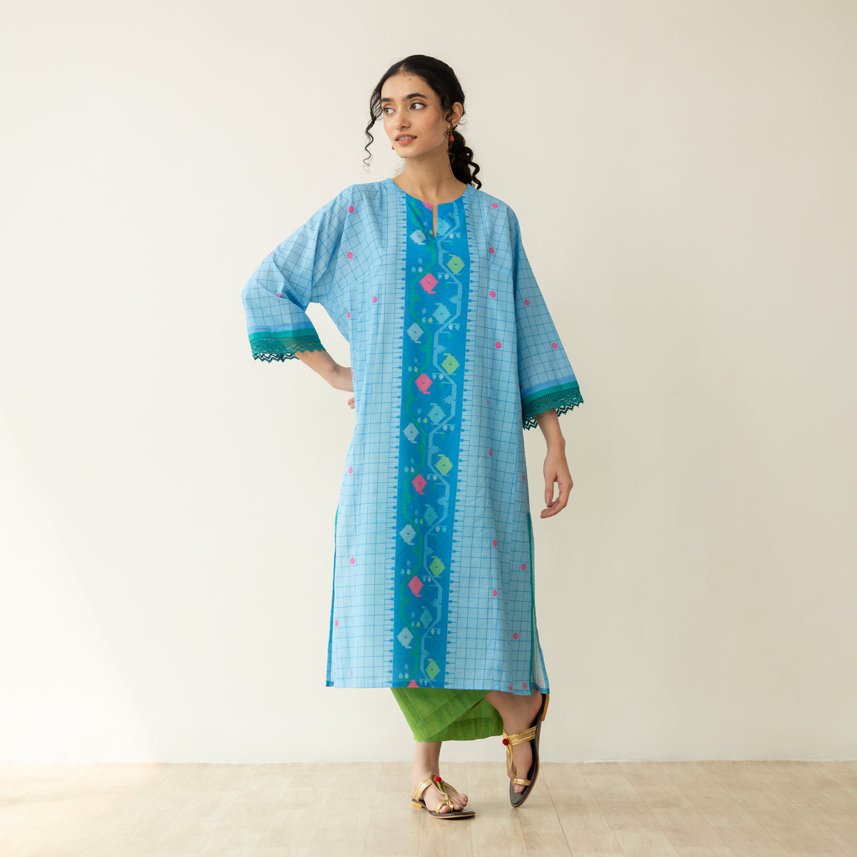 Sitara Front Panelled Mulmul Kurta - Asmani Blue