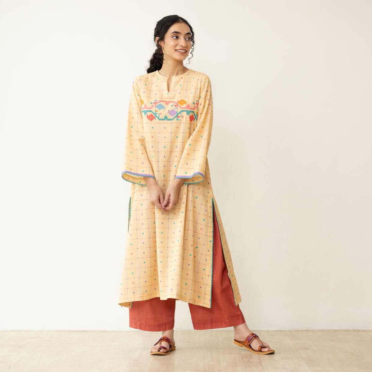 Doodle Embroidered Cotton Kurta - Mango Yellow