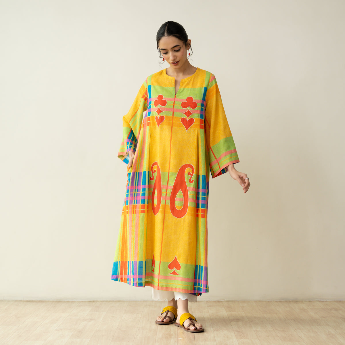 Ambi Patchwork Cotton Slub Kurta - Yellow & Red