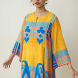 Ambi Patchwork Cotton Slub Kurta - Yellow & Blue