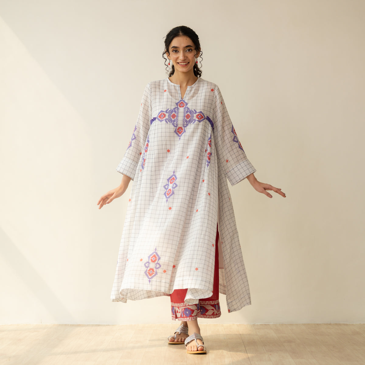 Mogra Kota Doria Kurta Set - Milky White & Tomato Red