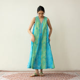 Viva Embroidered Midi Cotton Slub Dress - Ocean Blue & Parrot Green