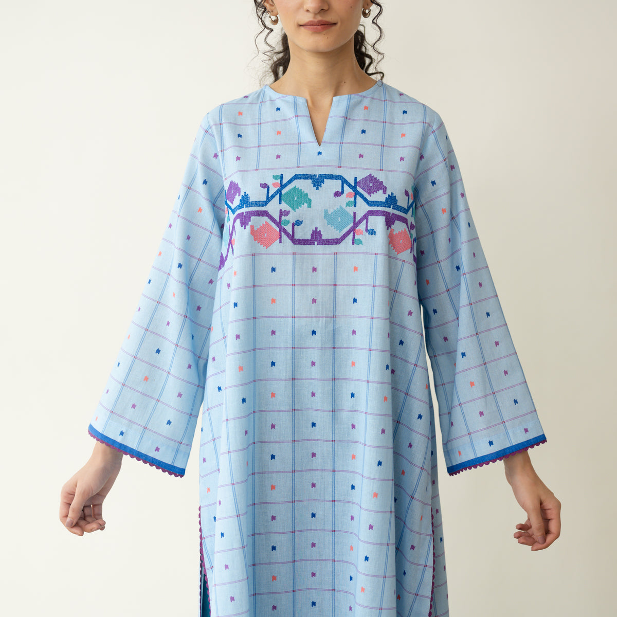 Doodle Embroidered Cotton Kurta - Asmani Blue