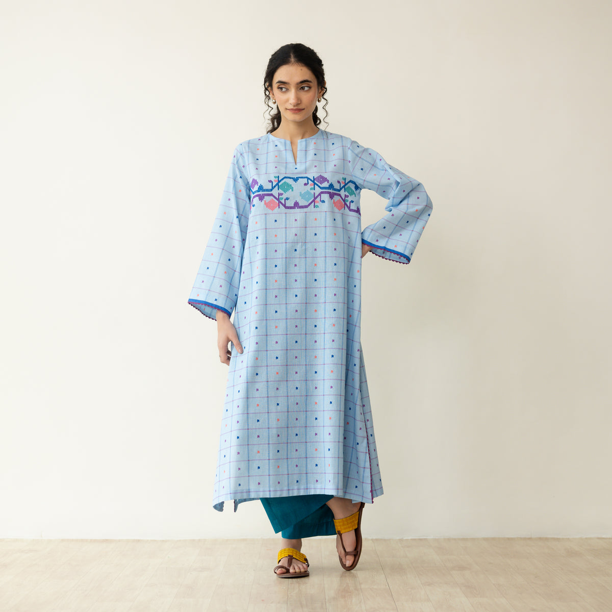 Doodle Embroidered Cotton Kurta - Asmani Blue