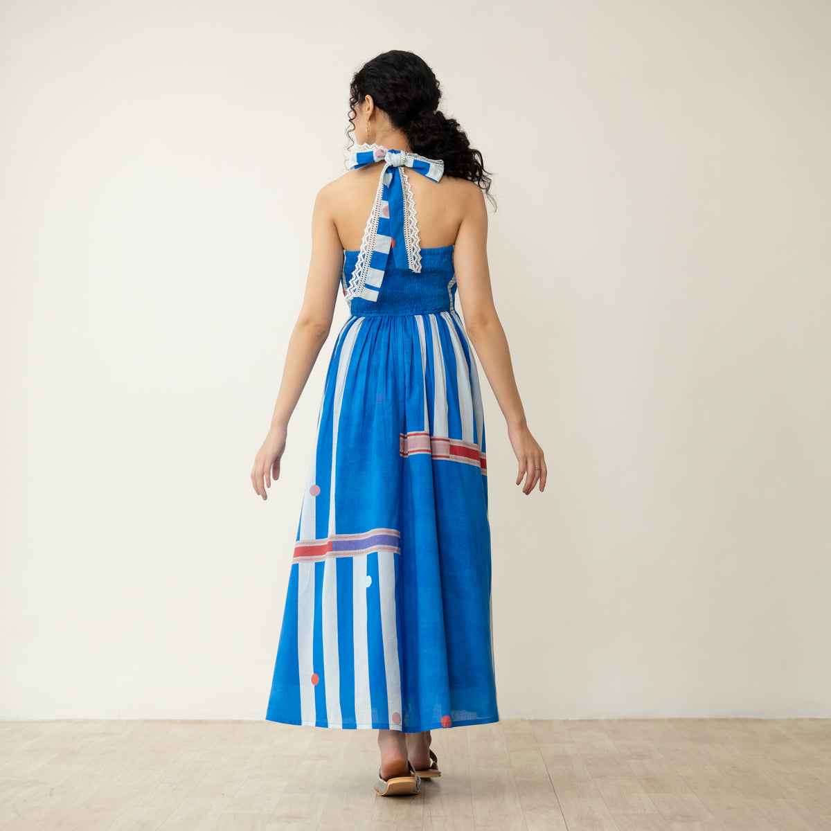 Blueberry Tart Halter Tie Mulmul Lace Dress - Blue