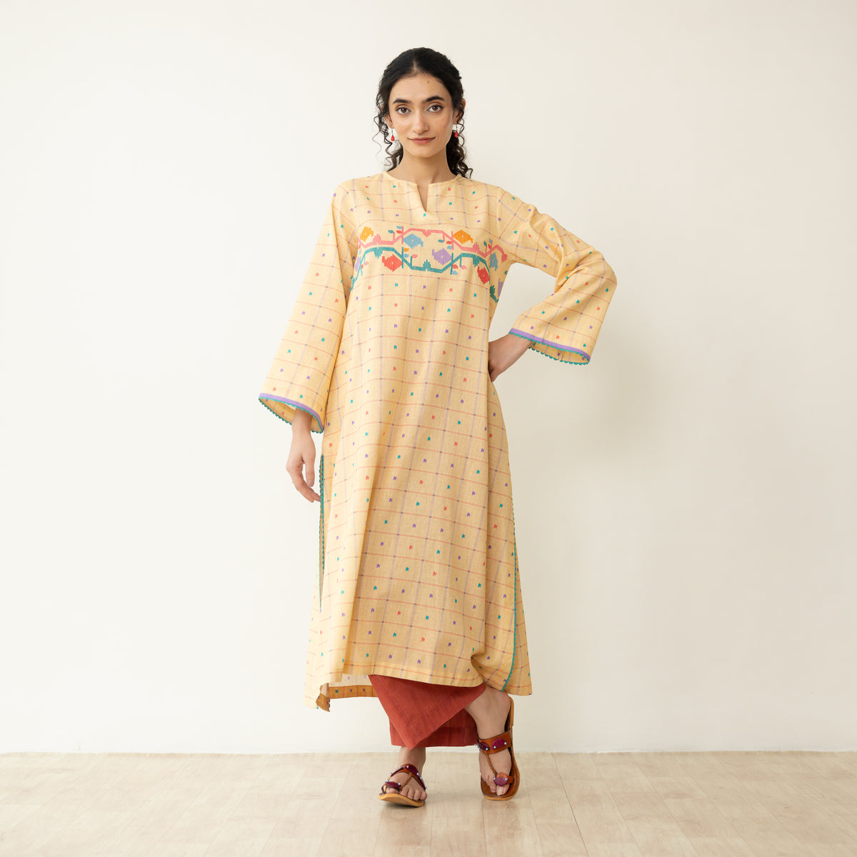 Doodle Embroidered Cotton Kurta - Mango Yellow