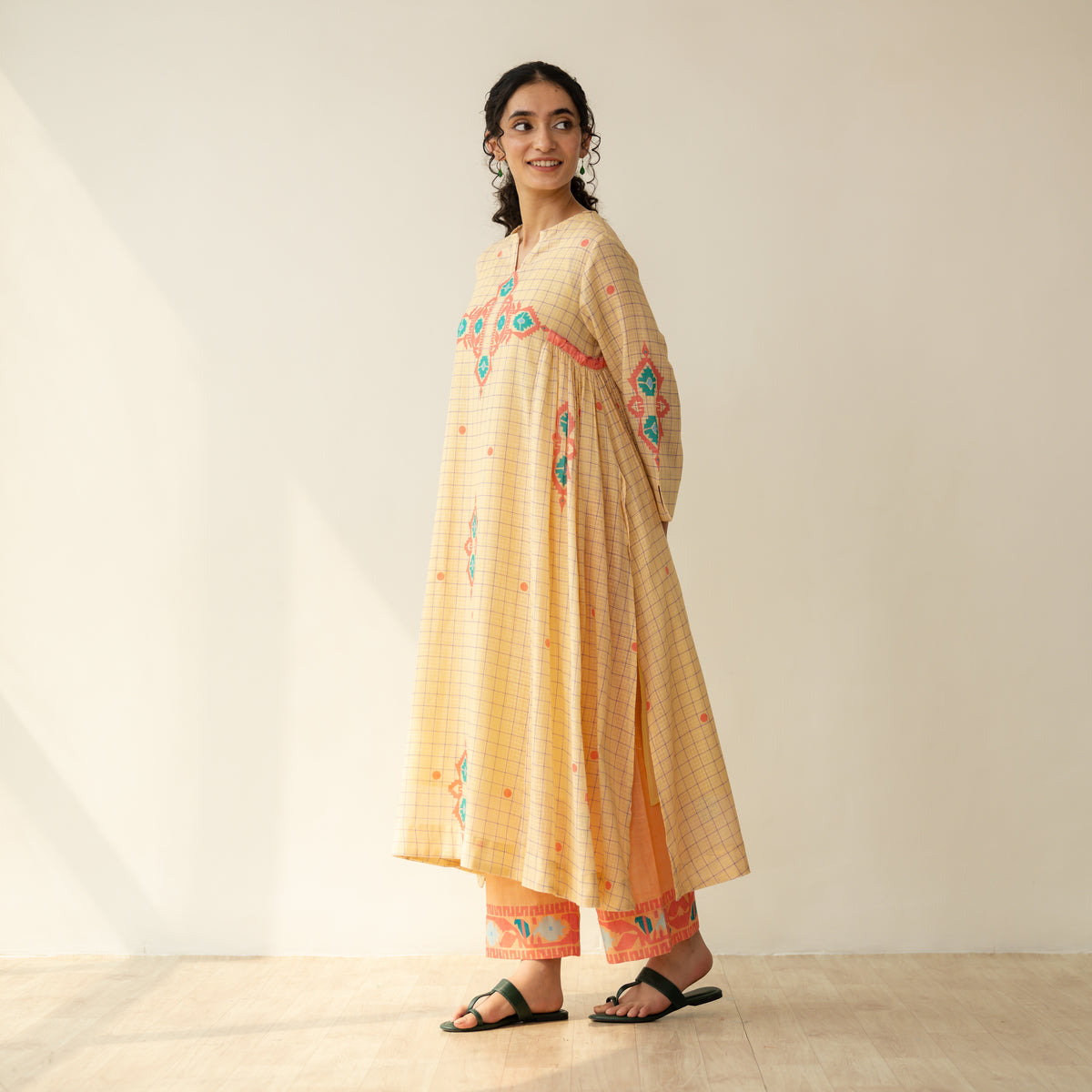 Mogra Kota Doria Kurta Set - Apricot Yellow