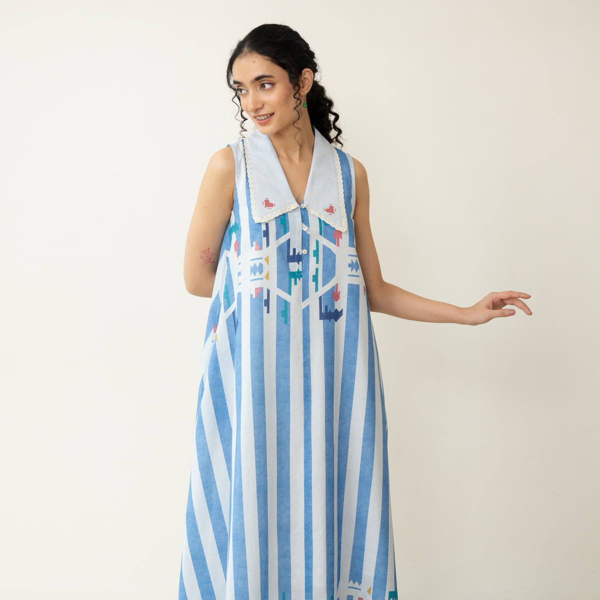 Poppy Striped Mulmul Dress - Asmani Blue