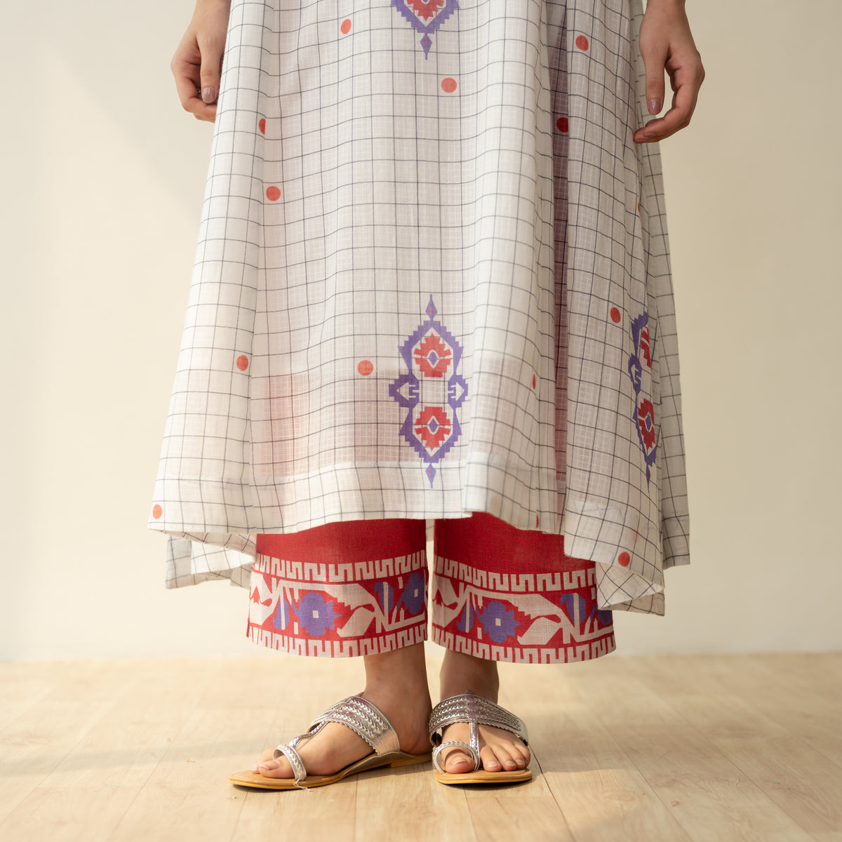 Mogra Kota Doria Kurta Set - Milky White & Tomato Red