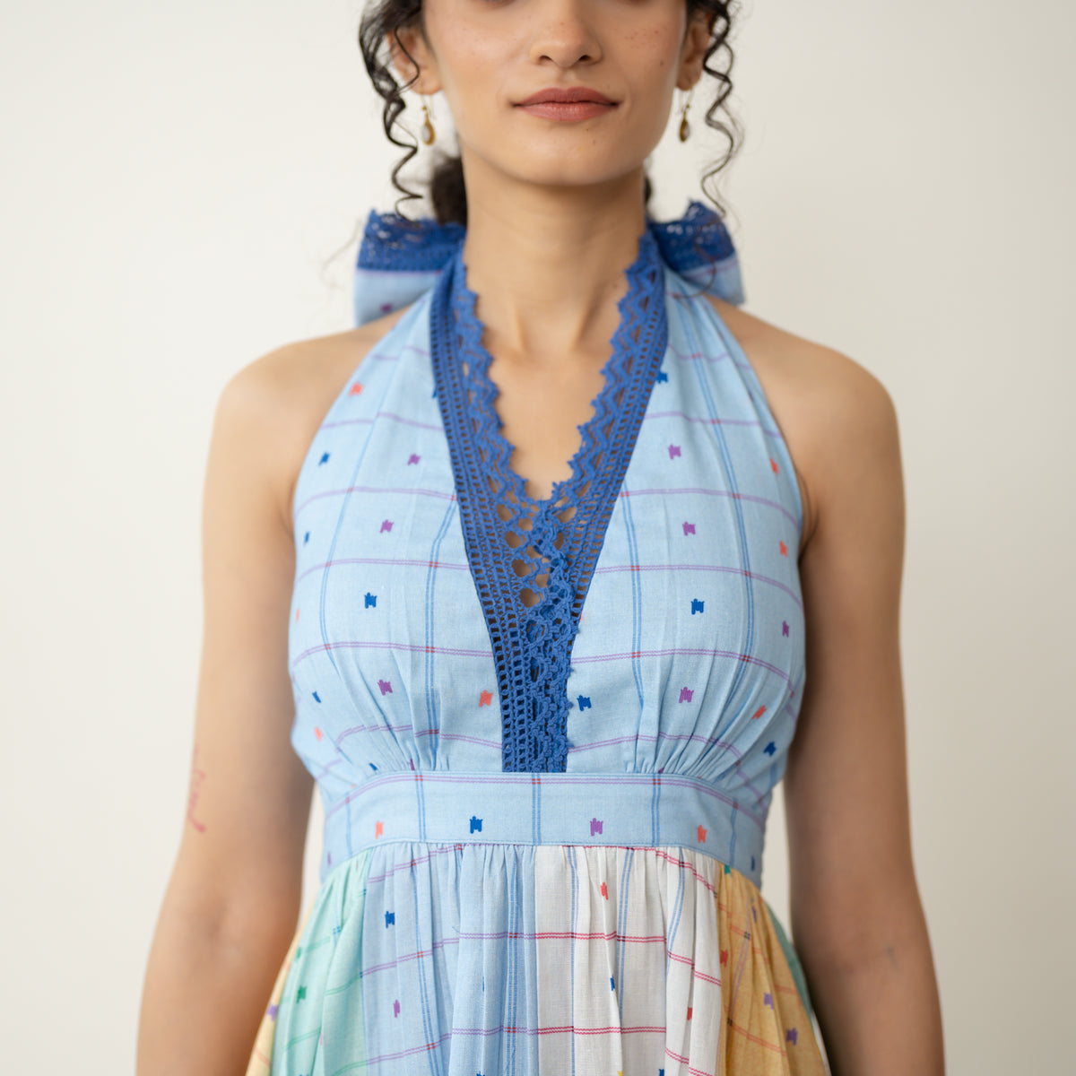 Rainbow Sundae Halter Tie Cotton Lace Dress - Multicolour
