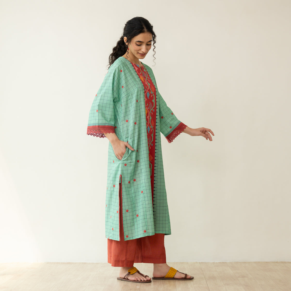 Sitara Front Panelled Mulmul Kurta - Mint Green