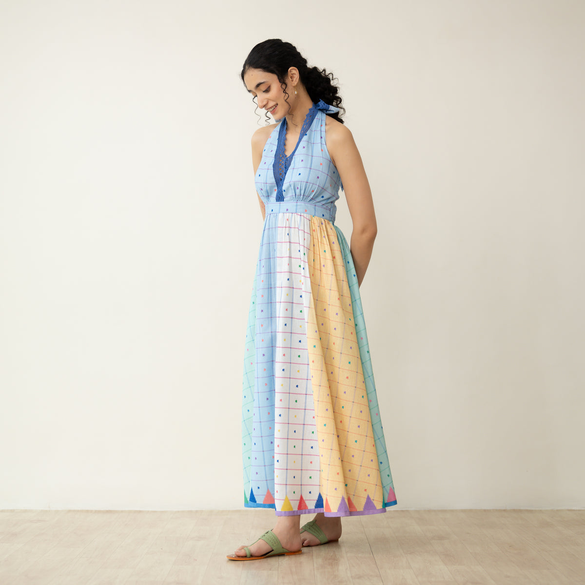 Rainbow Sundae Halter Tie Cotton Lace Dress - Multicolour