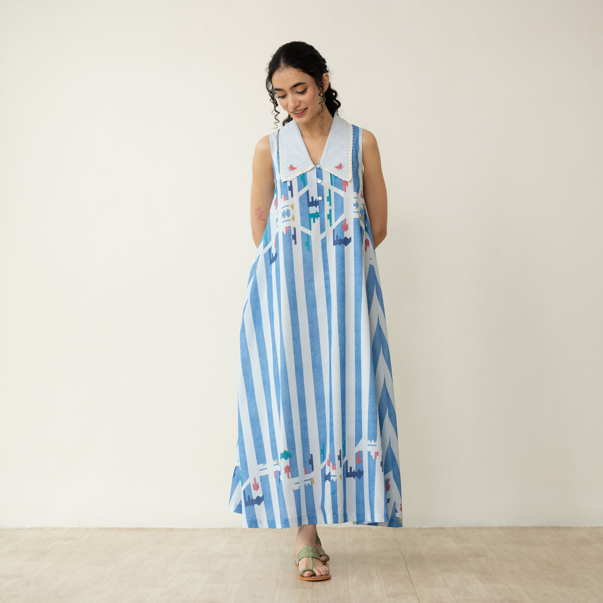 Poppy Striped Mulmul Dress - Asmani Blue