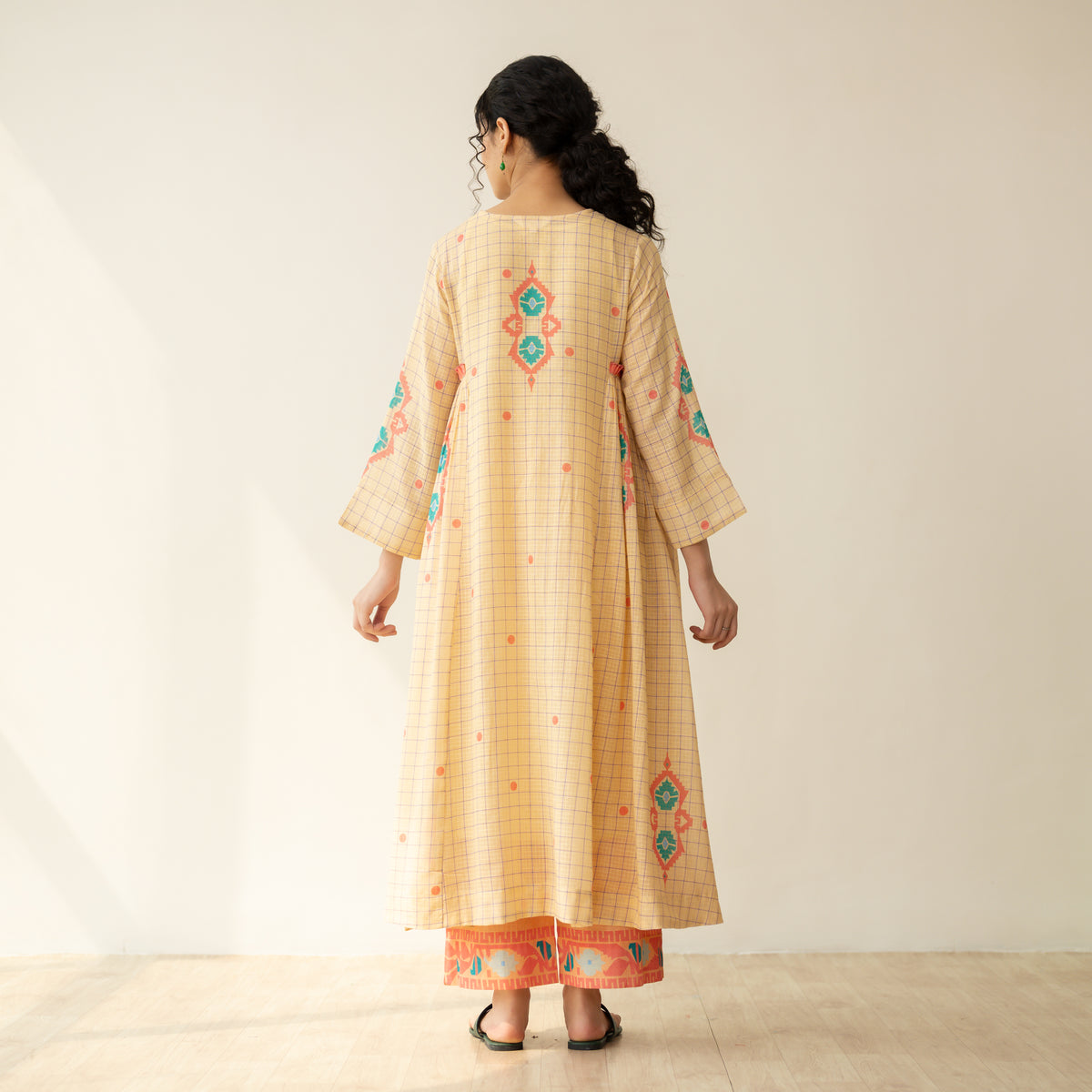 Mogra Kota Doria Kurta Set - Apricot Yellow
