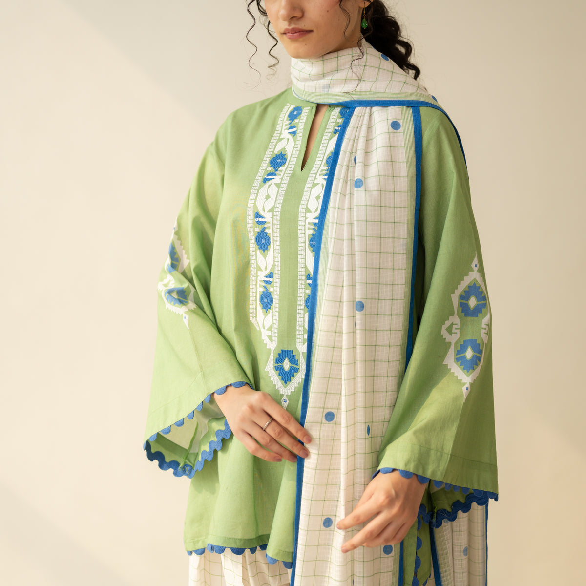Dot & Dash Mulmul Farshi Set - Matcha Green