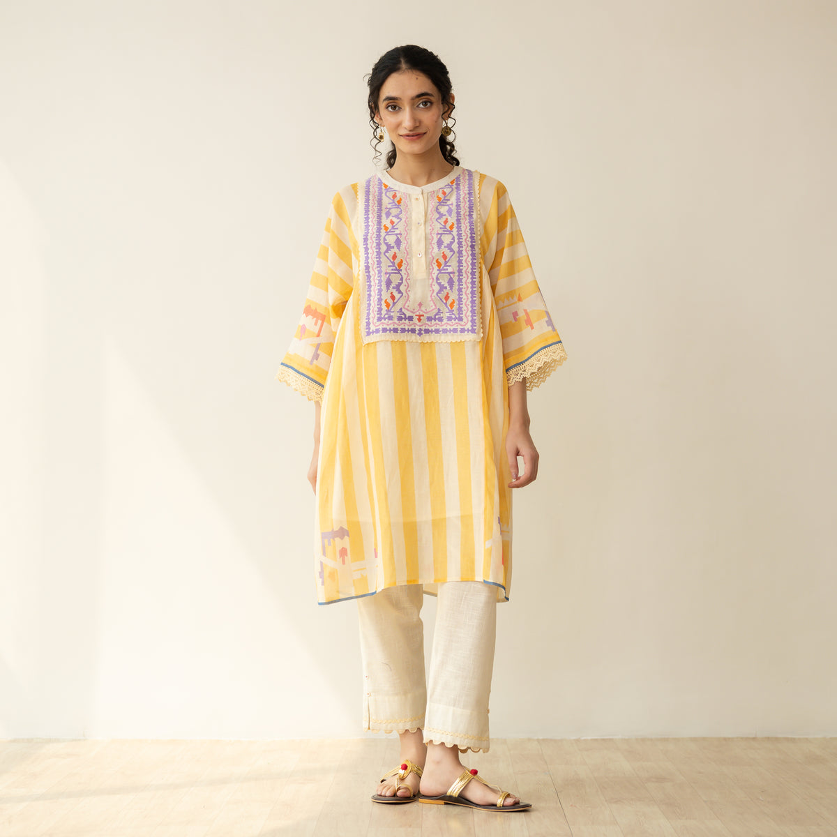 Pretty Flare Chanderi Embroidered Coord Set - Sunshine Yellow